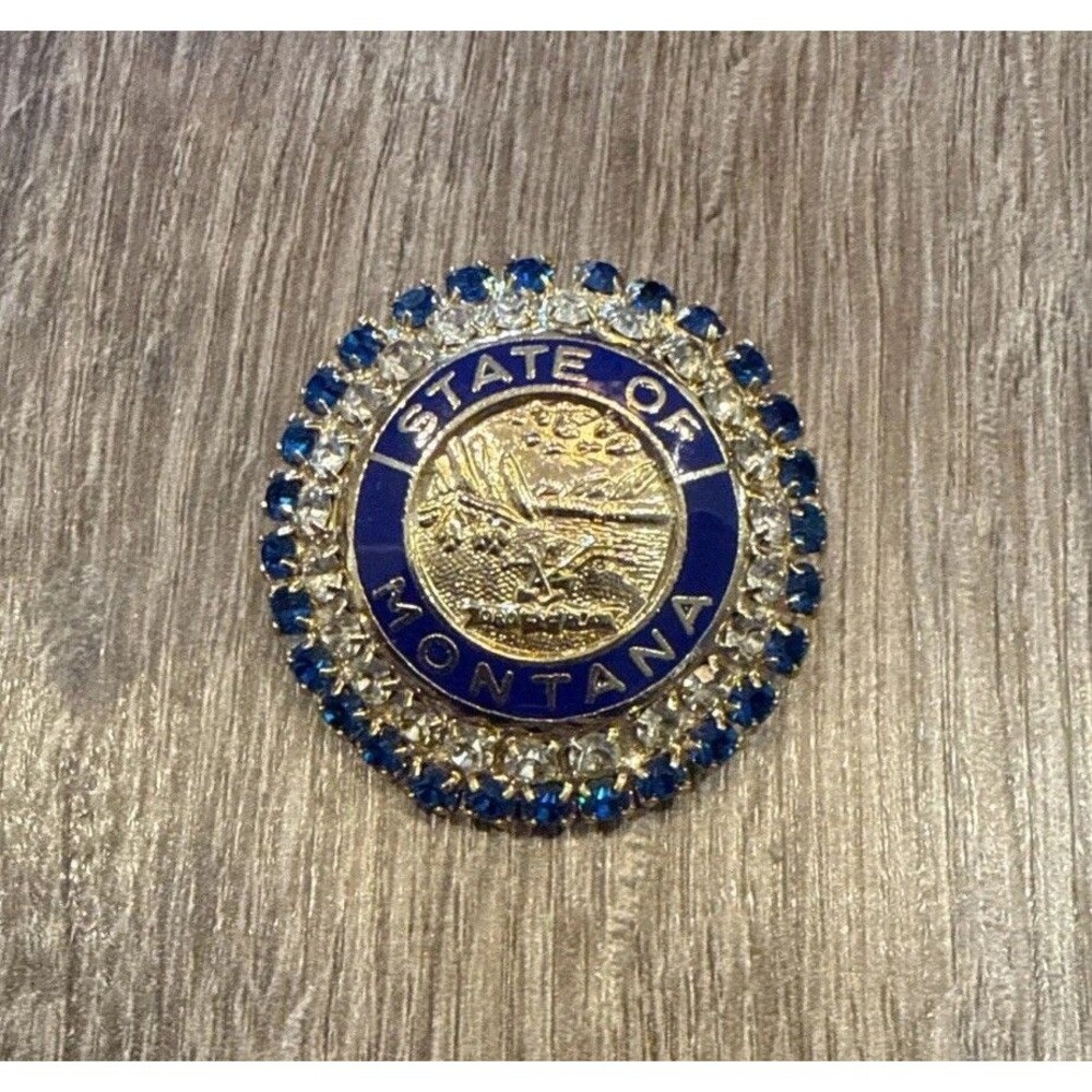Vintage State Of Montana Seal Gold Blue & White Rhinestone Brooch Pin 1- 5/16”